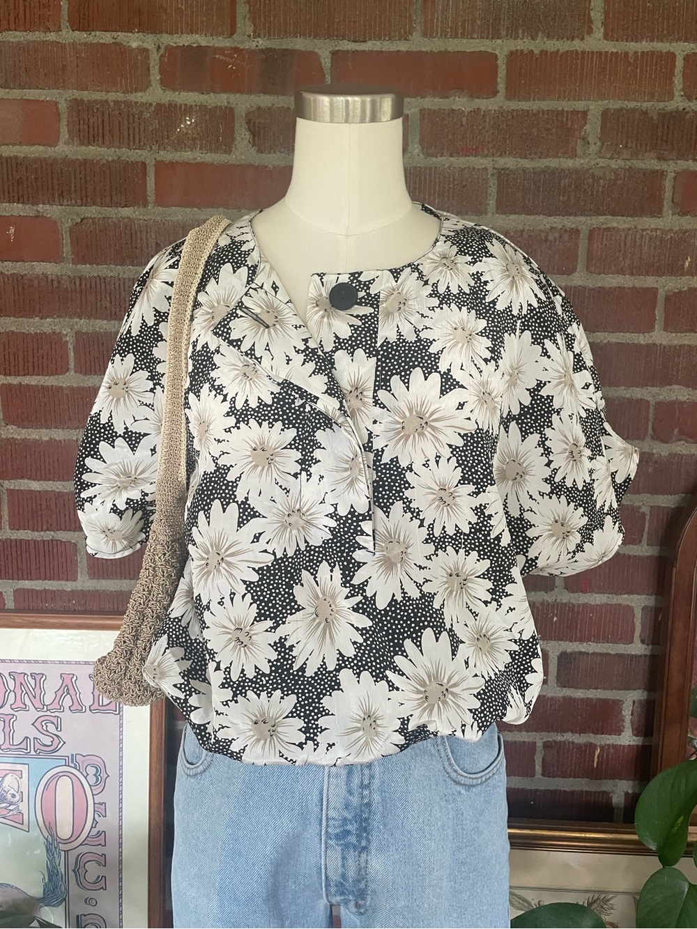 Floral Button-Front Women's Pullover Top in Black & Cream by Cape Cod Sportswear